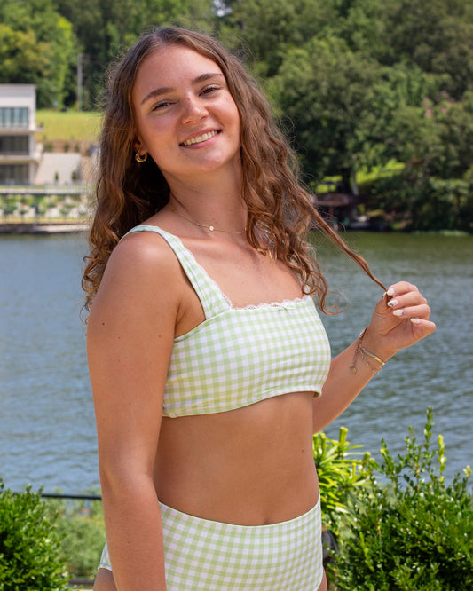 green gingham full coverage modest bikini set with high waisted bikini bottoms