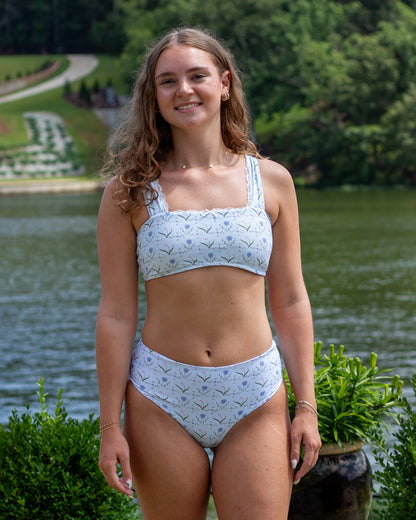 blue floral full coverage modest bikini set with high waisted bikini bottoms