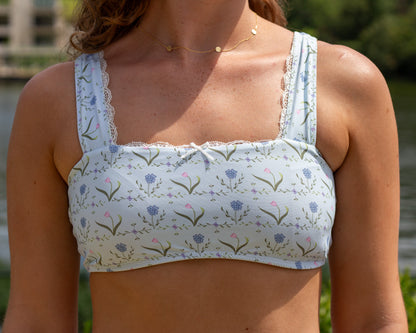 blue floral full coverage modest bikini set with high waisted bikini bottoms