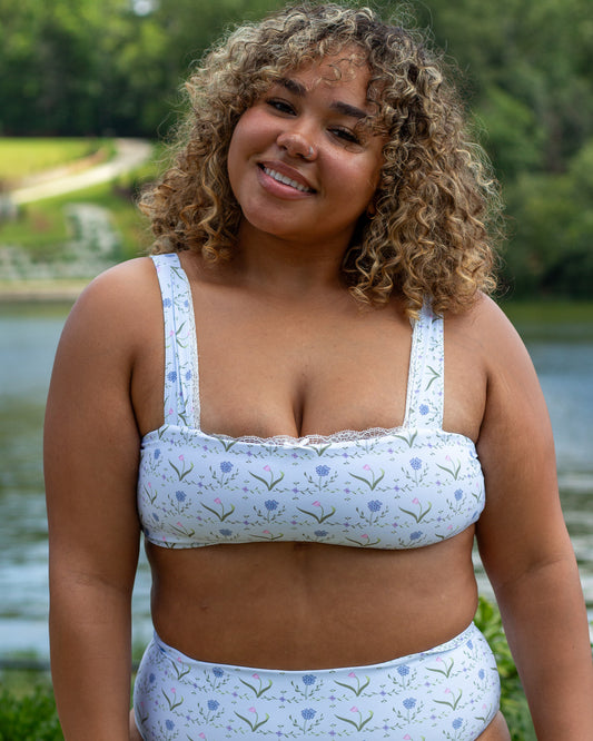 blue floral full coverage modest bikini set with high waisted bikini bottoms