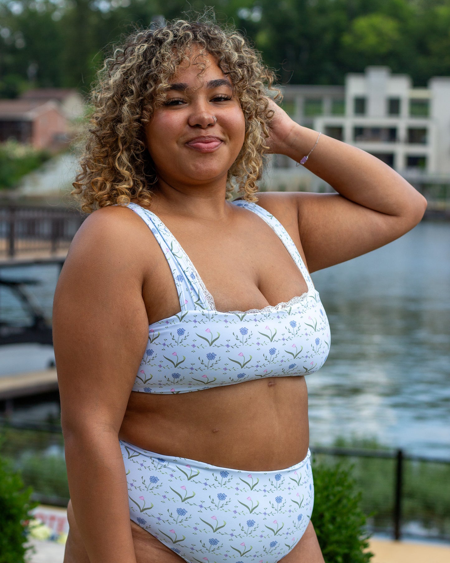 blue floral full coverage modest bikini set with high waisted bikini bottoms