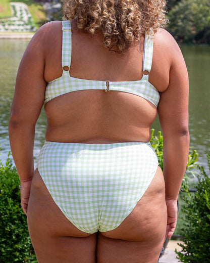 green gingham full coverage modest bikini set with high waisted bikini bottoms