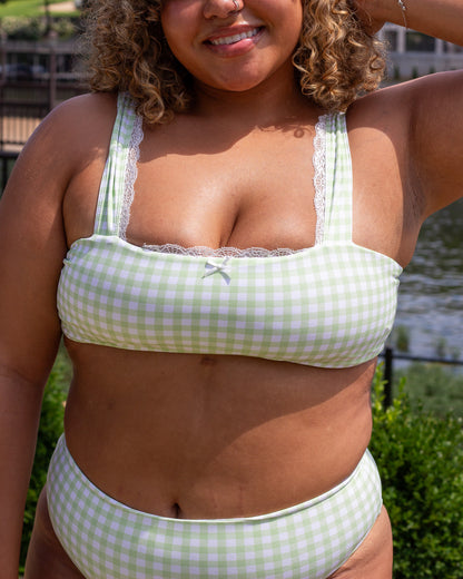 green gingham full coverage modest bikini set with high waisted bikini bottoms