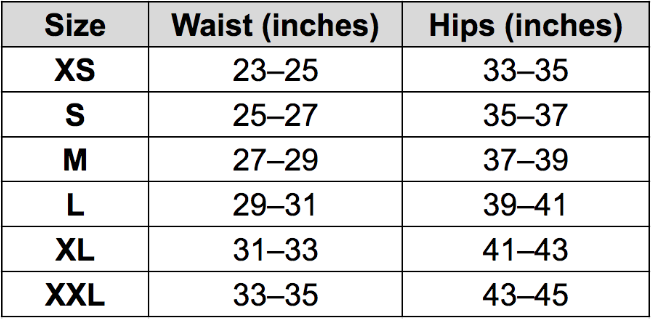 Size chart for Lily Bottom