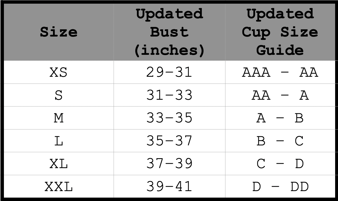 Size chart for Molly Top